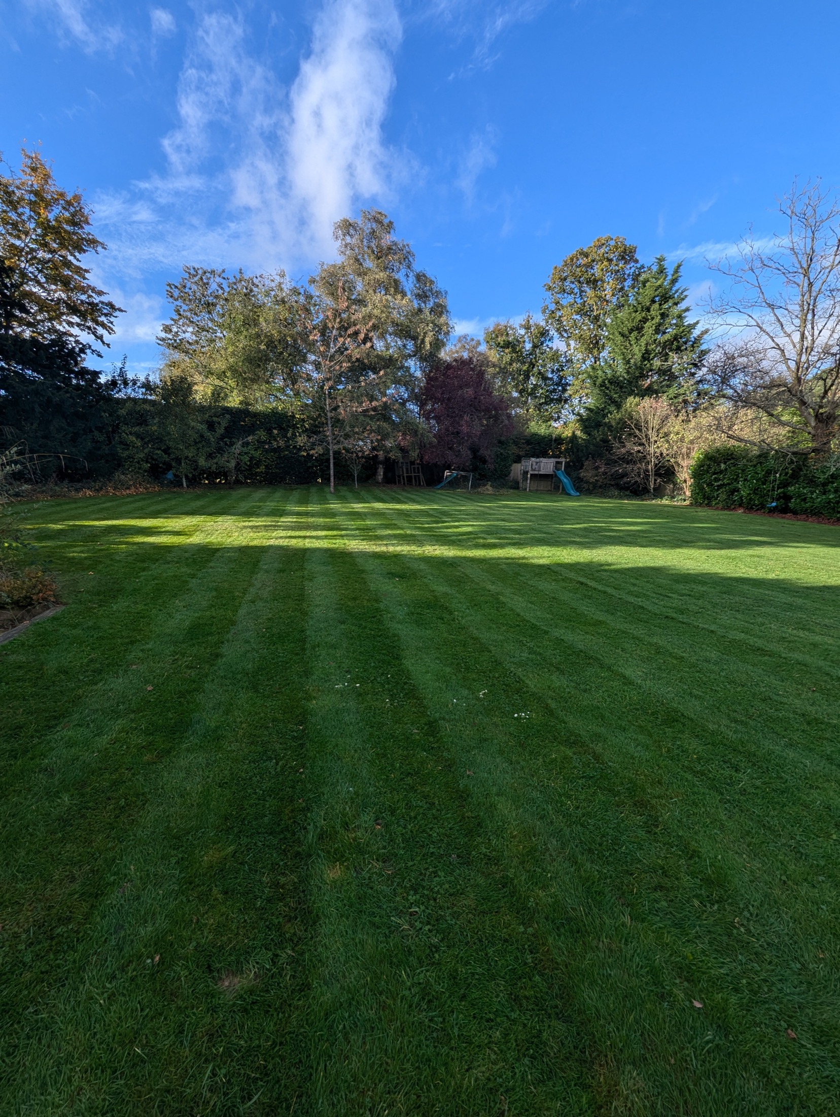 A large lawn mowed to clean, even stripes under an autumn sky — real work by Mr Griffin's Gardens